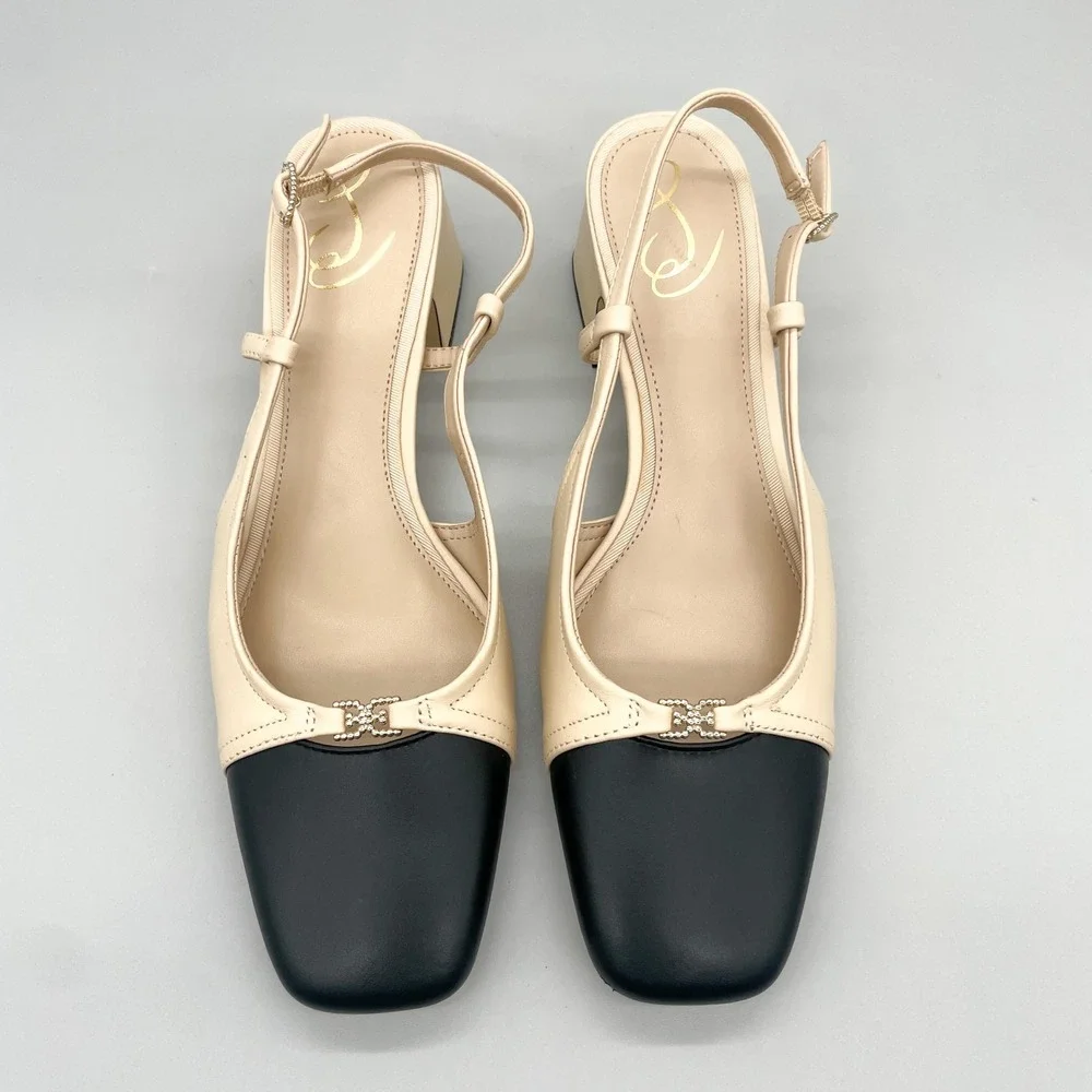Sam Edelman Tarra Pumps Womens 9 Cream Black Cap Toe Slingback Block Heel Office